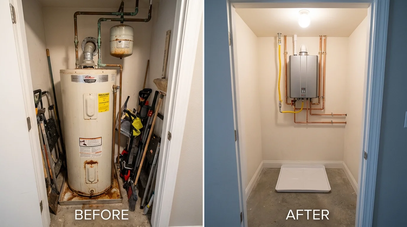 Tank water heater versus wall-mounted tankless unit comparison for Milford, MA homeowners