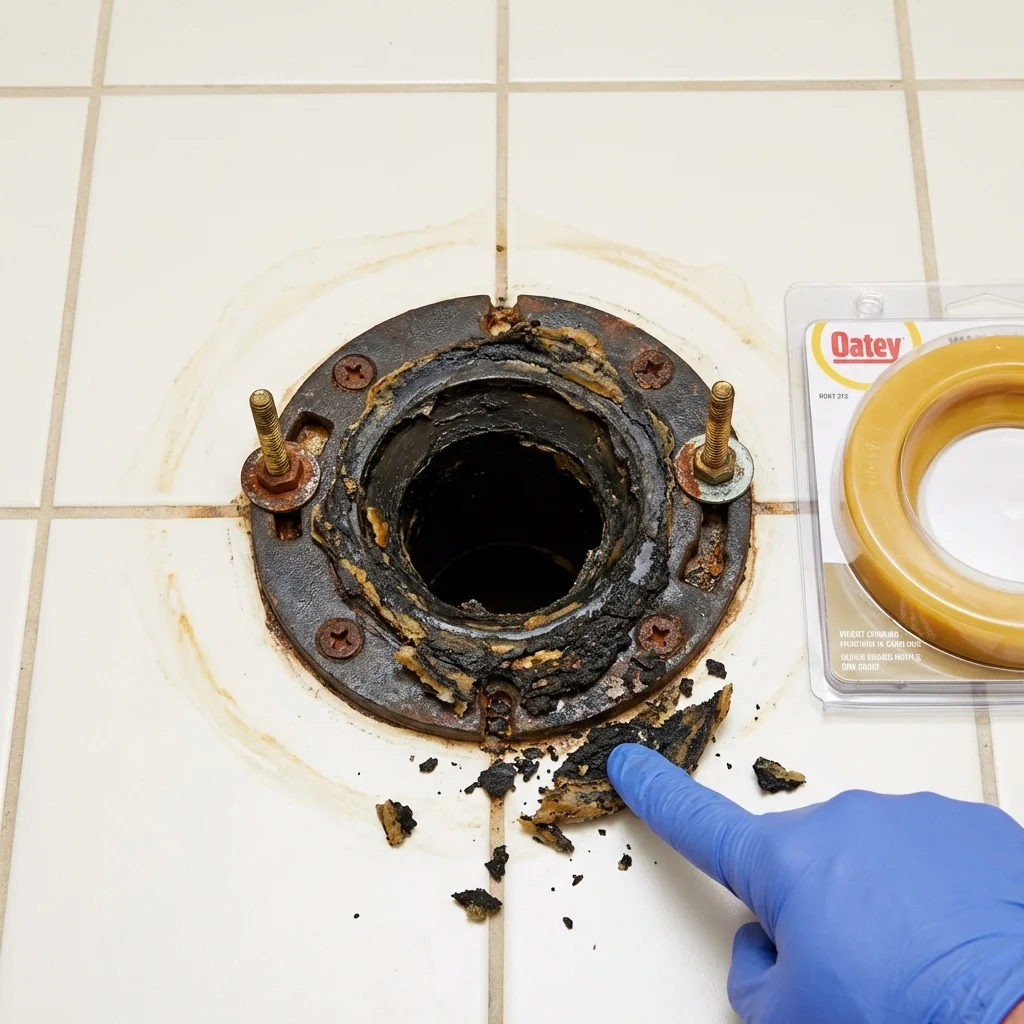 Failed wax ring showing water seepage at the base of a toilet in a Milford, MA home