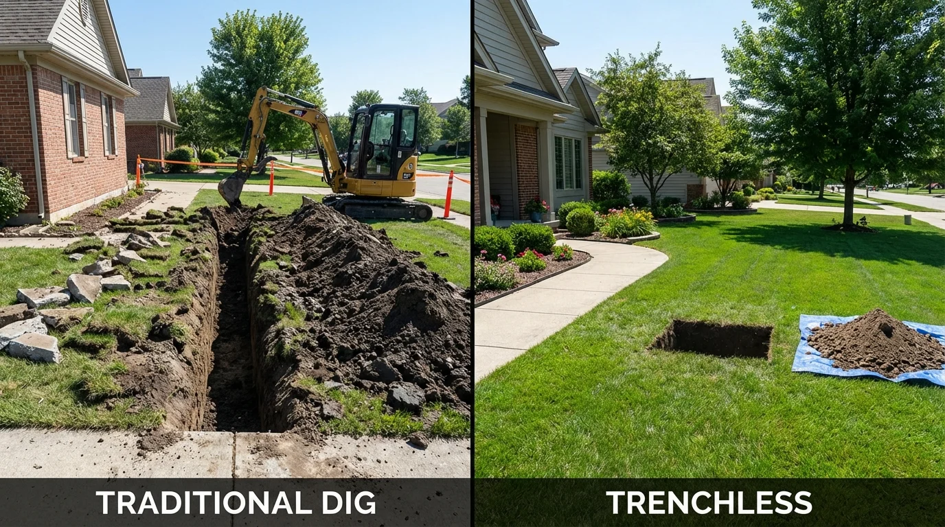 Trenchless sewer repair with minimal yard damage versus traditional excavation in Milford, MA