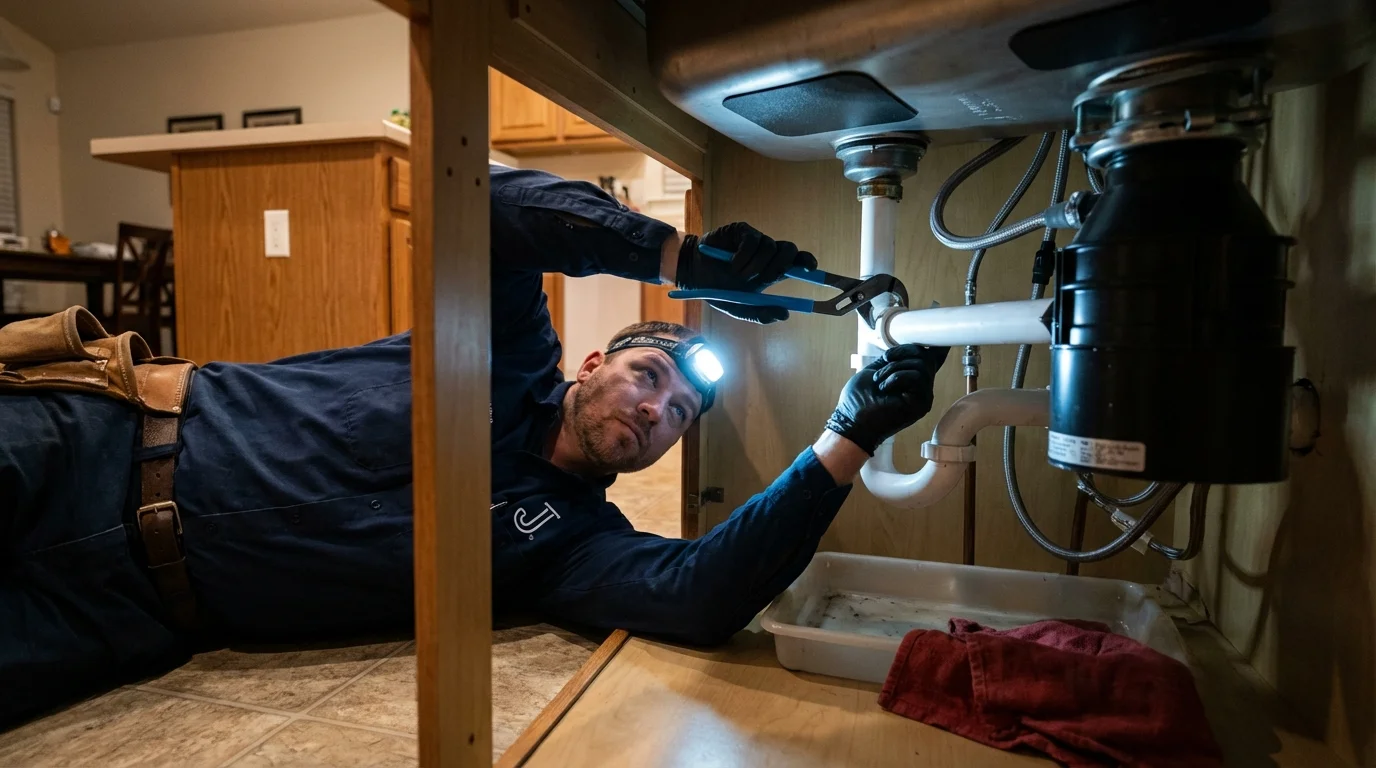 P-trap and supply line connections under a kitchen sink showing a common leak point in Milford, MA